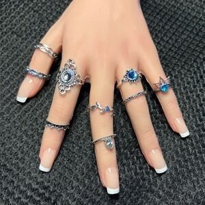 9pc Silver Boho Ring Set • Blue Crystal & Filigree Vintage Style Midi Rings Lot